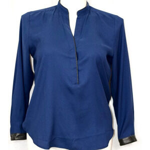 ANN TAYLOR long sleeve leather trim collar & cuff navy blouse women's size LP